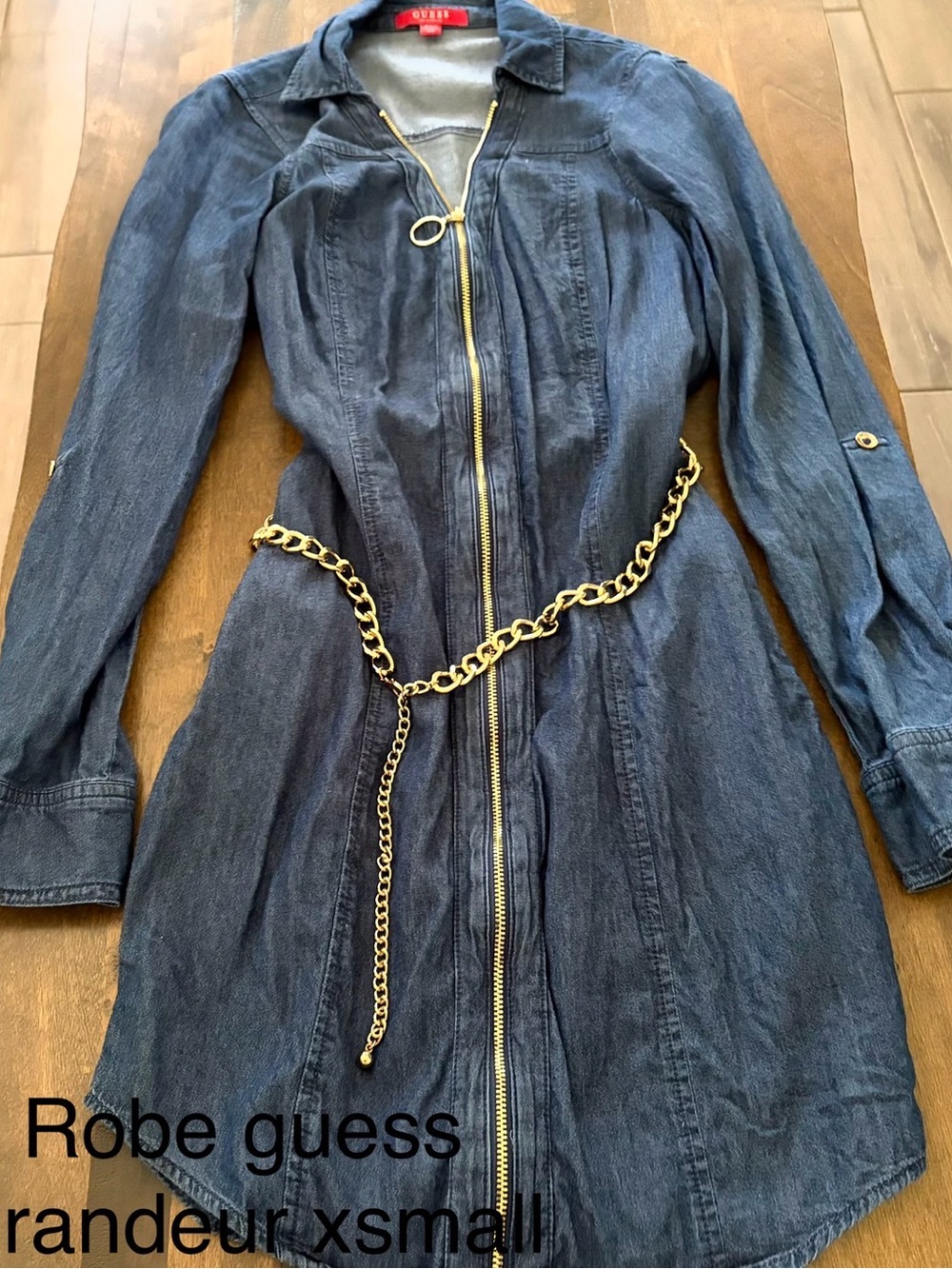 Guess Blue Denim Zip-Front Long Sleeve Dress with Gold Chain Belt